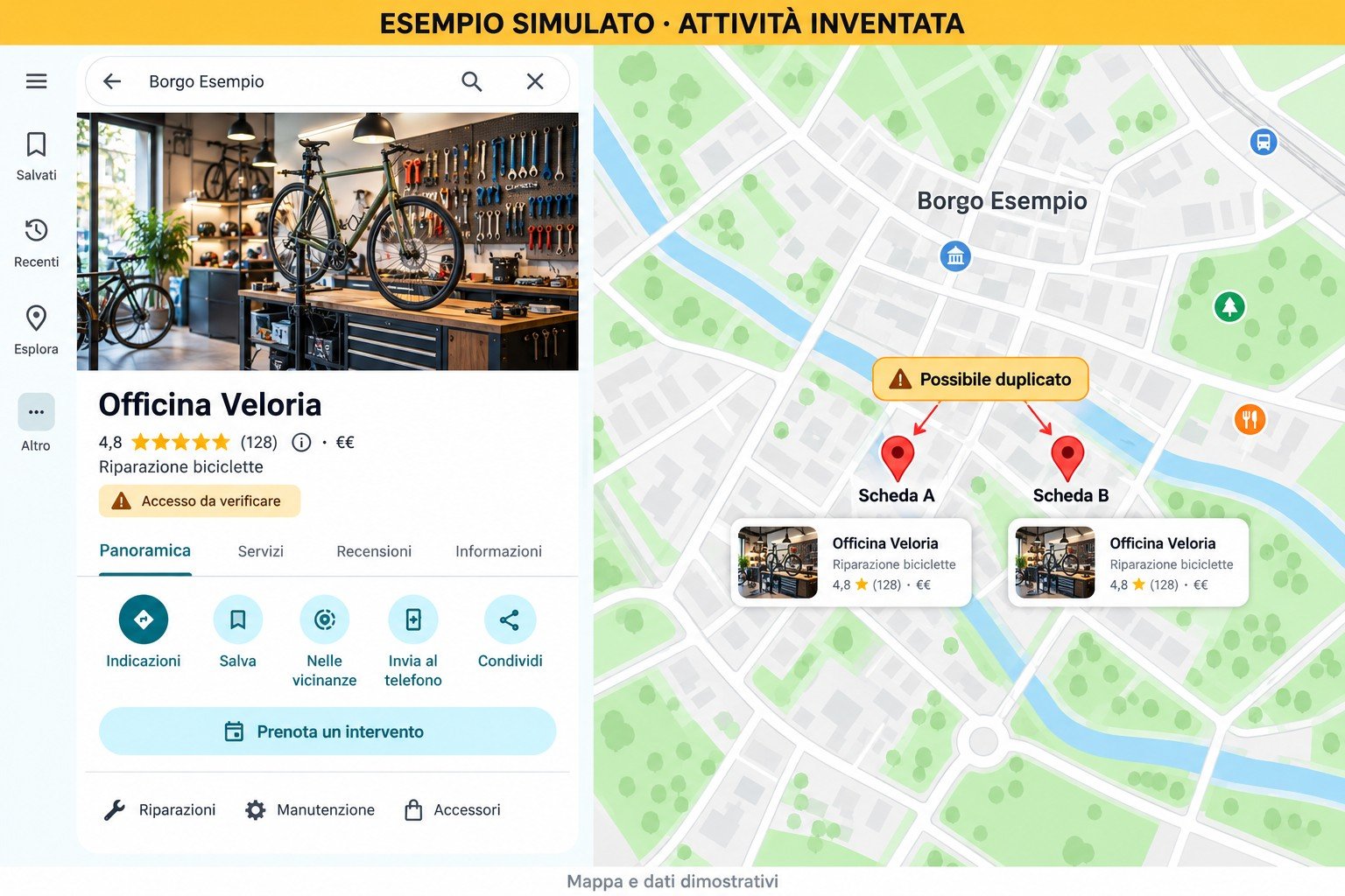 Esempio simulato di Officina Veloria, officina biciclette inventata: due schede da confrontare e accesso da verificare.