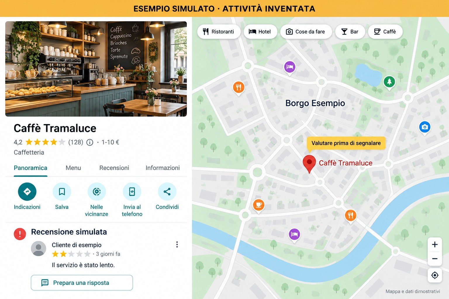 Esempio simulato di Caffè Tramaluce, caffetteria inventata: recensione dimostrativa e risposta da preparare.