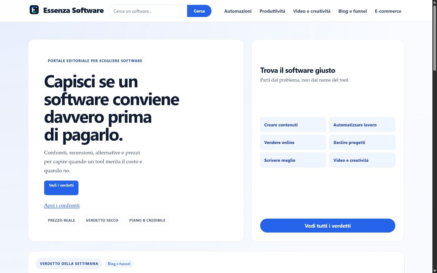Homepage reale del portale editoriale Essenza Software