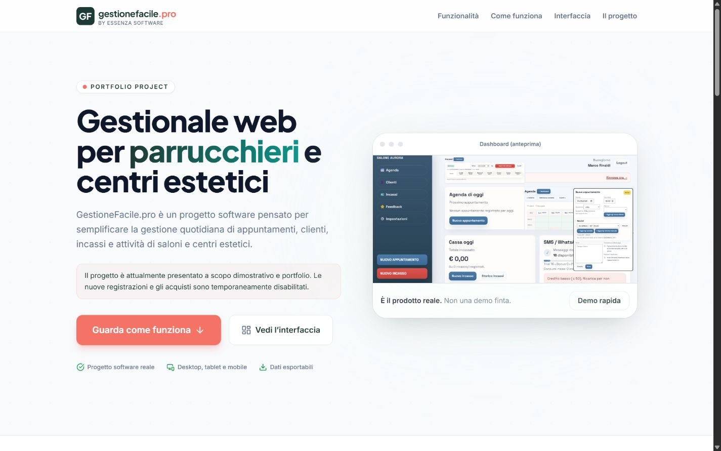 Homepage reale del progetto software GestioneFacile.pro